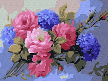 Картина по номерам 15х20 ГОРТЕНЗИИ С РОЗАМИ (19 цветов)